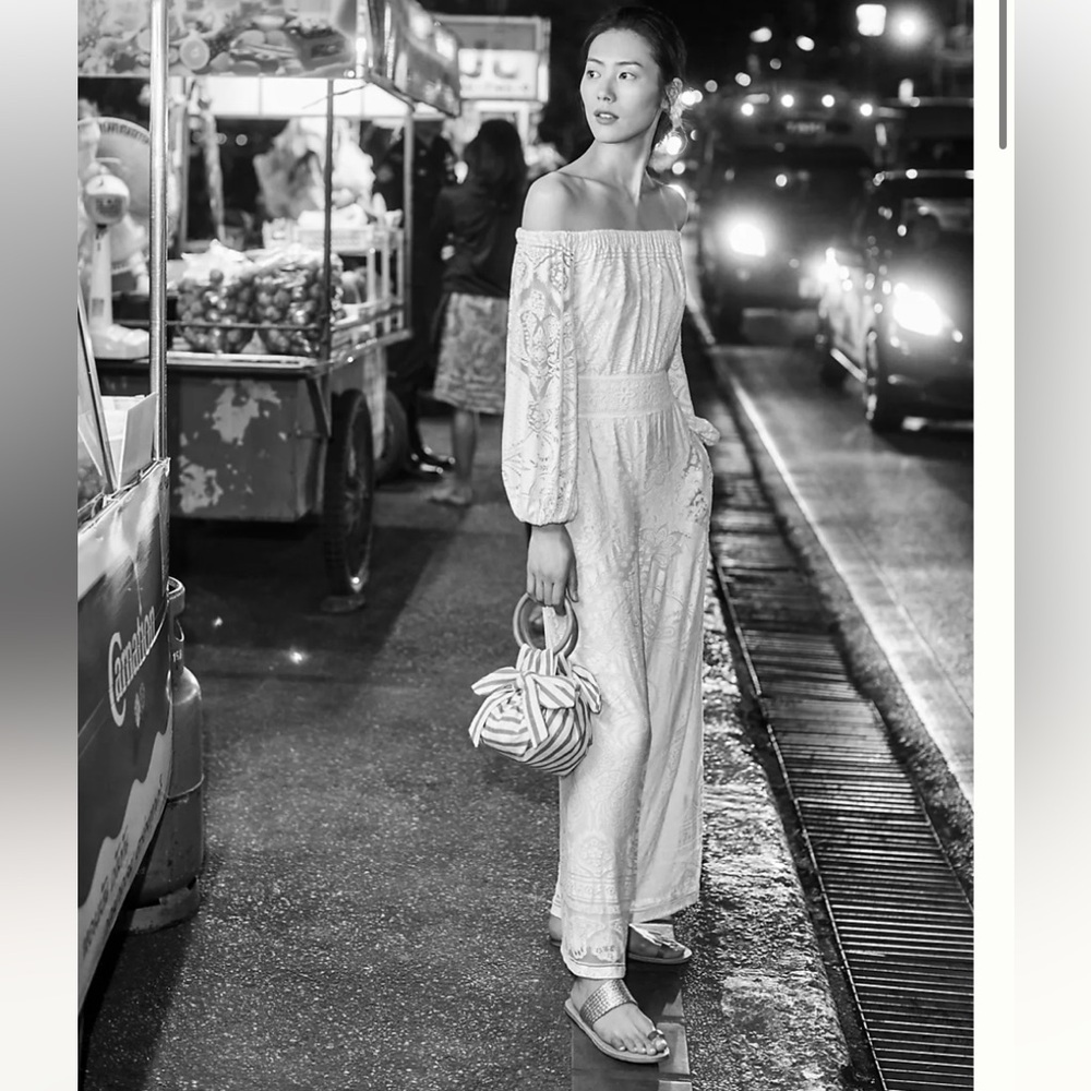 Farm Rio Anthropologie Elliot Ivory Off the Shoulder Elegant Jumpsuit SI… - Picture 13 of 15